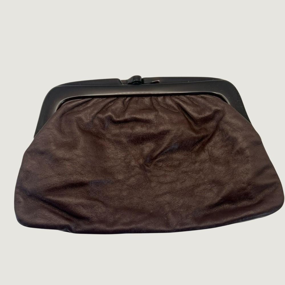 Vtg Brown Leather Clutch Purse Made In Italy Plastic Clasp
